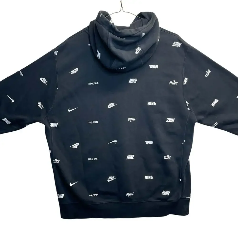 Nike Sportswear All Over Logo Hoodie Black White Men’s Large Pullover Swoosh
